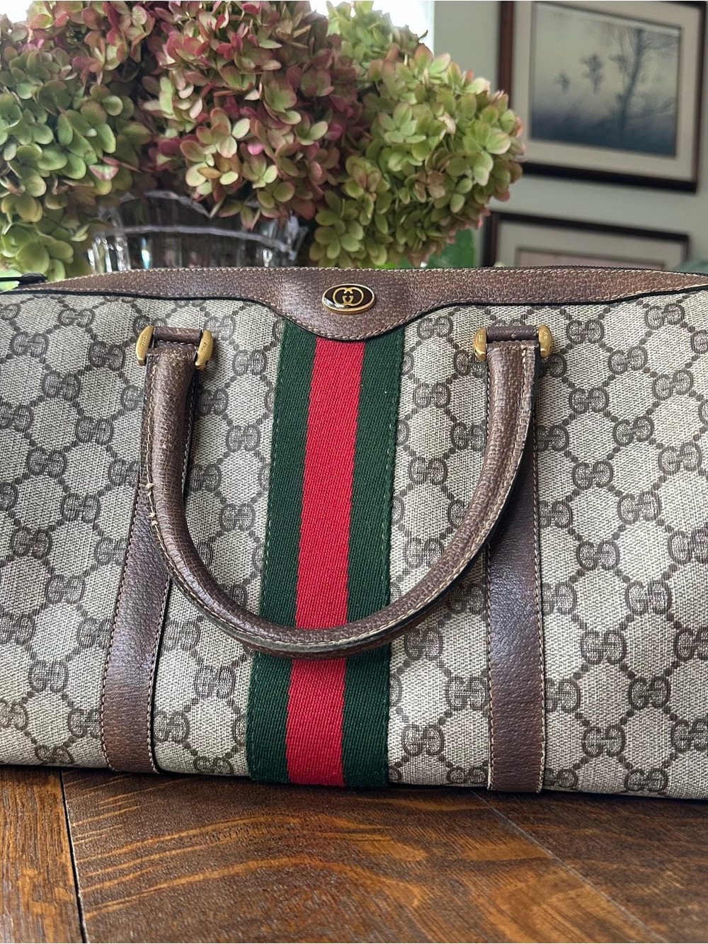 Gucci Brown GG Supreme Tote with Green & Red Web Stripe